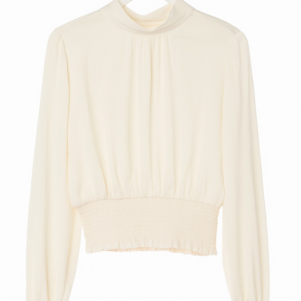 Express Cream Smocked Blouse with Mandarin Collar